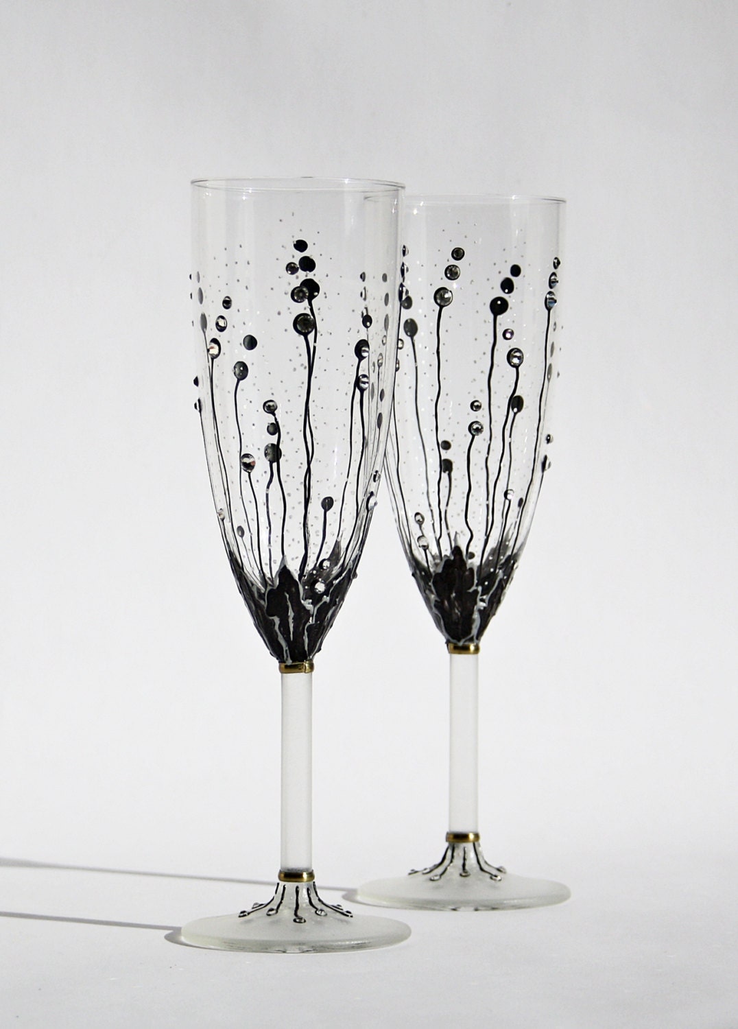 Wedding Glasses Hand Painted Champagne Flutes Set Of 2 Black Gold Swarovsky crystals