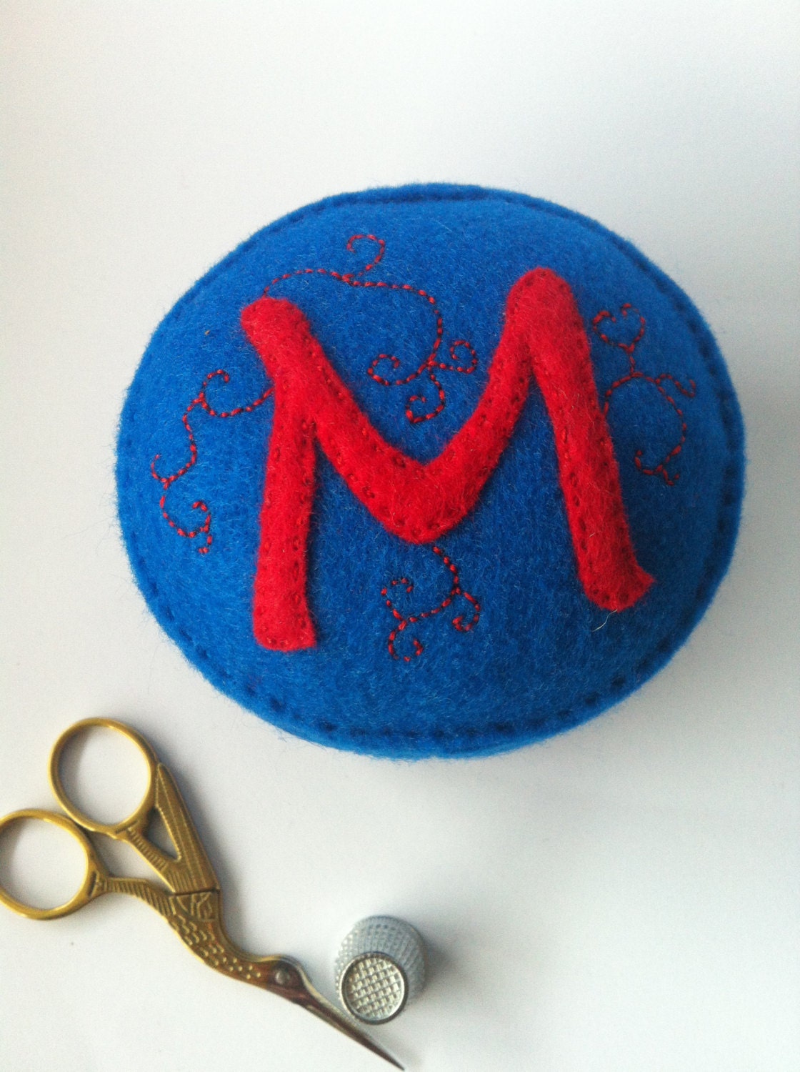 SALE - Initial M  recycled felt hand sewn pin cushion