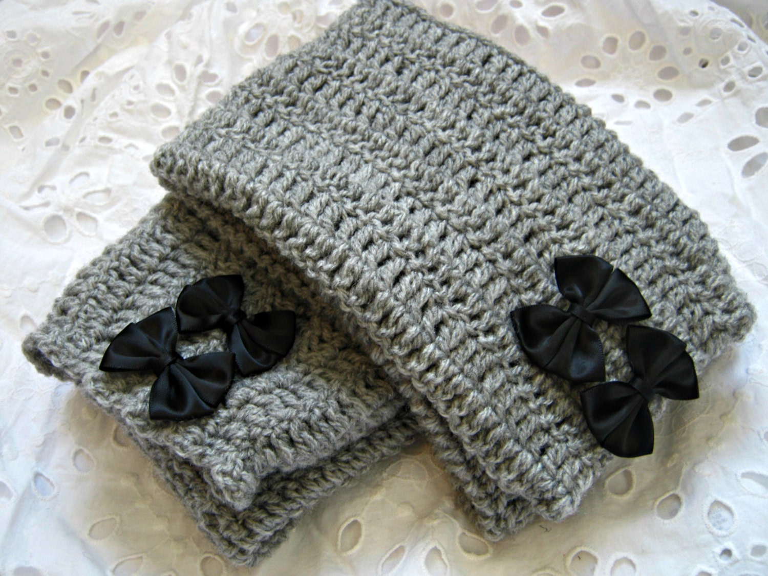 Over the knee handmade leg warmers  in Silver Grey with Black satin bows on the side Leggins Boot socks