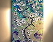 ORIGINAL Green Blue Purple Gray Flower Tree Painting 36x24 Abstract Landscape Artwork Flowerscape Textured Modern Contemporary art by OTO