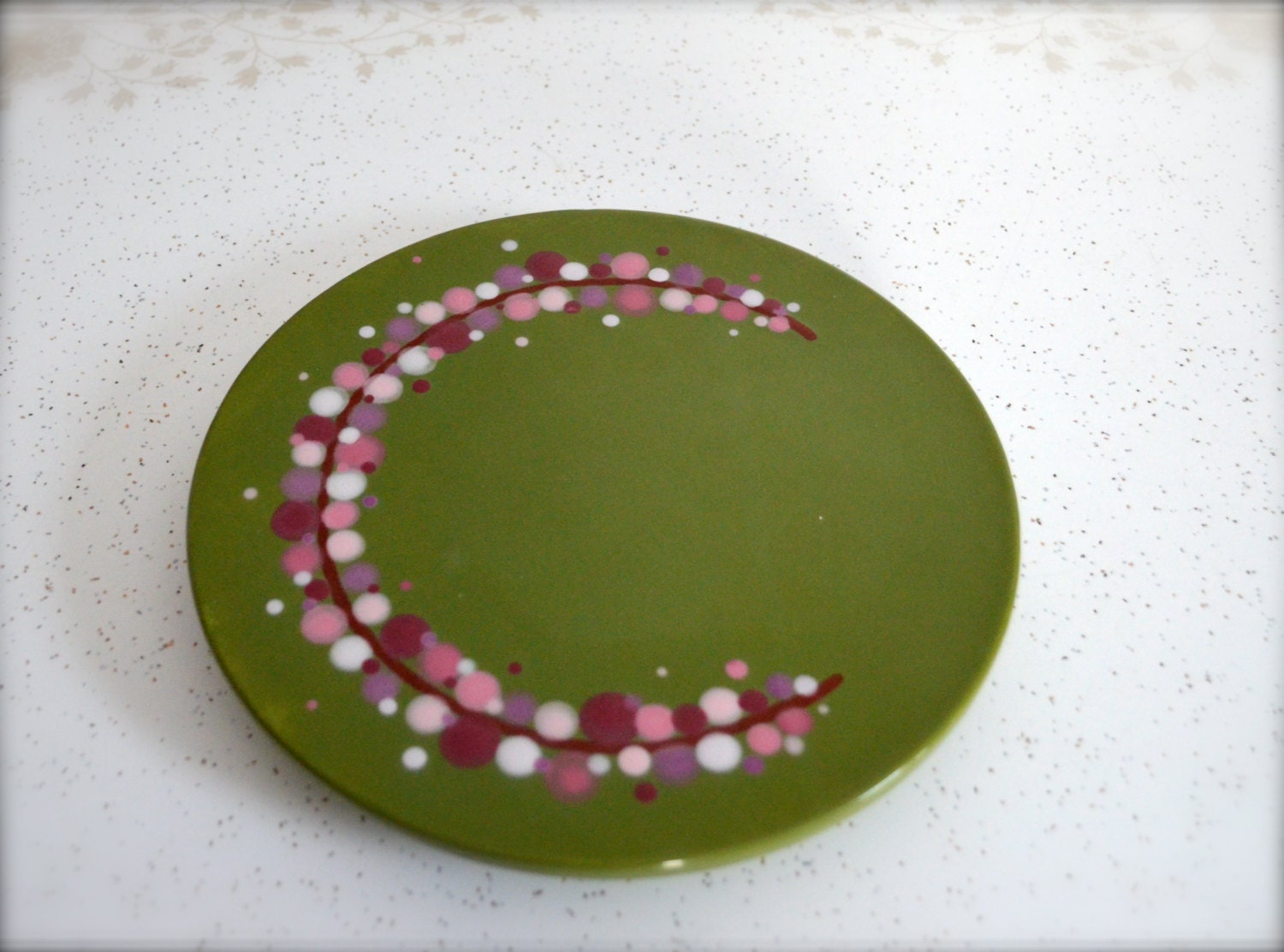 Dark Olive with Pink & Purple Berries Heavy Duty Trivet Hot Plate Cheese Tray