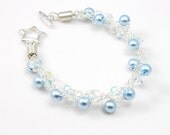 Pastel Blue Bracelet, Silver Wire Crochet Bracelet, Crystal Pearls and Beads Jewelry, Brides, Bridesmaids, Bridal Jewellery, Baby Blue