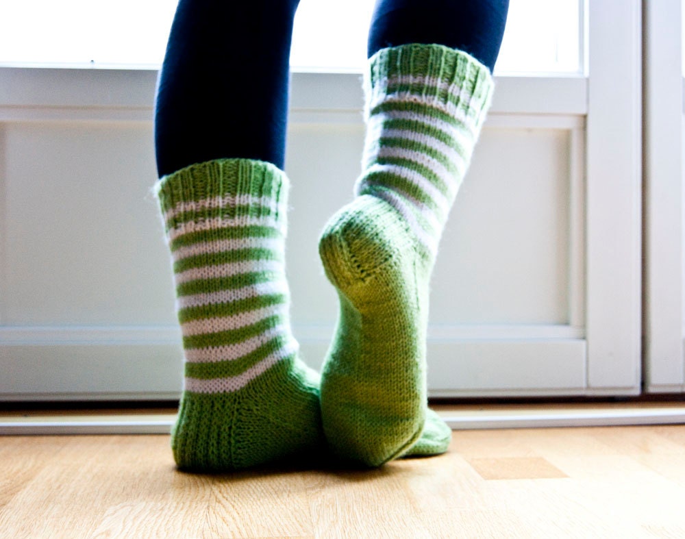 Hand knit socks apple green and white striped. Chartreuse green knitted in durable woolblend yarn.