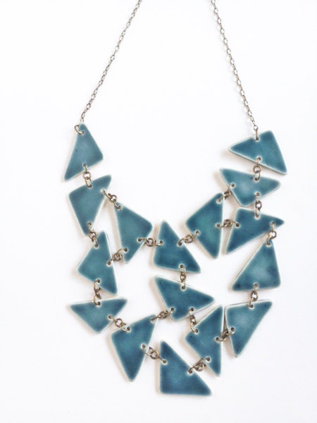 Handmade porcelain jewelry statement bib necklace in beautiful peacock blue satin glaze