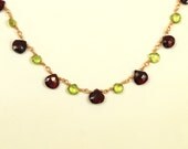 Wire Wrapped Necklace with Natural Garnet and Peridot in Gold