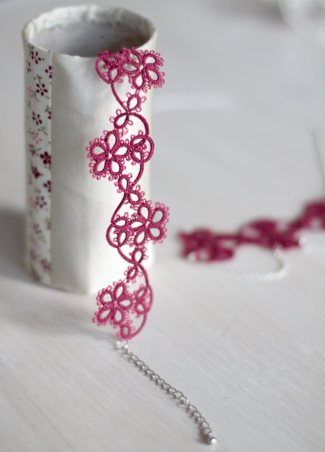 Tatted jewelry set: necklace and bracelet in dark raspberry with Tibetan silver finishings - gift for her, bridesmaid gift