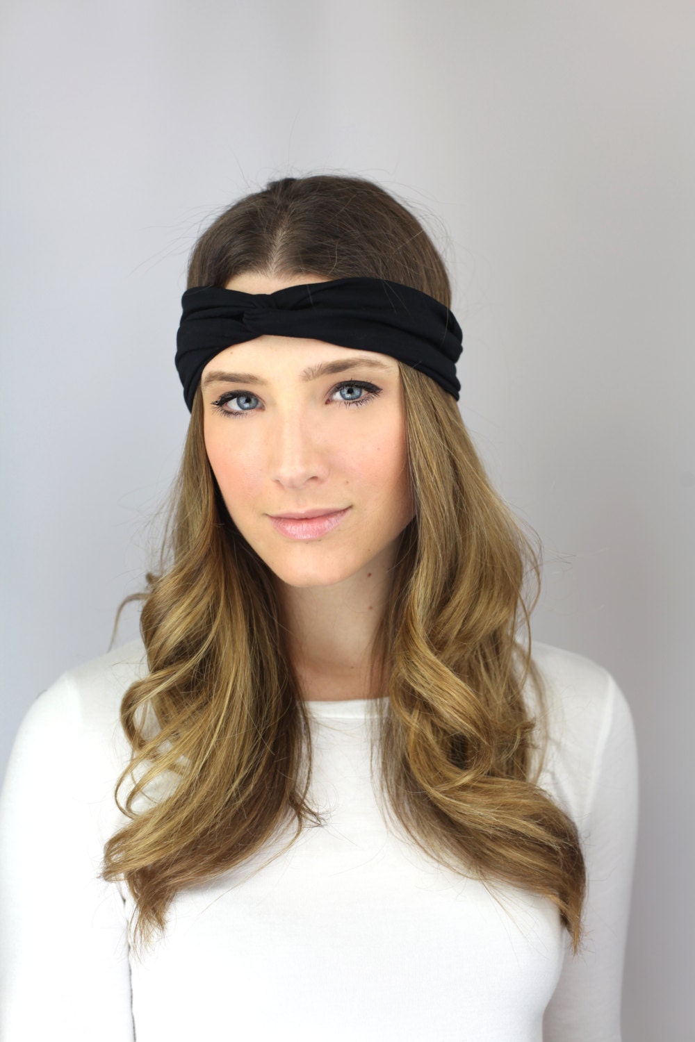 BLACK twist turban essential workout headband, black jersey headband
