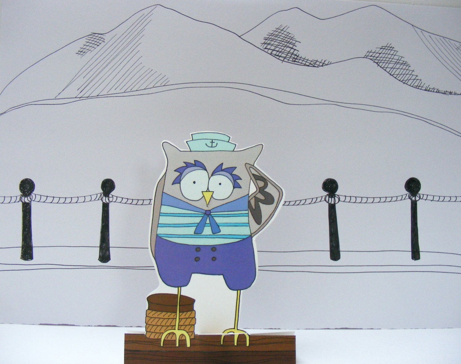 Hello Sailor - owl - greeting card - missing you - happy travels - paper decoration -message in a bottle