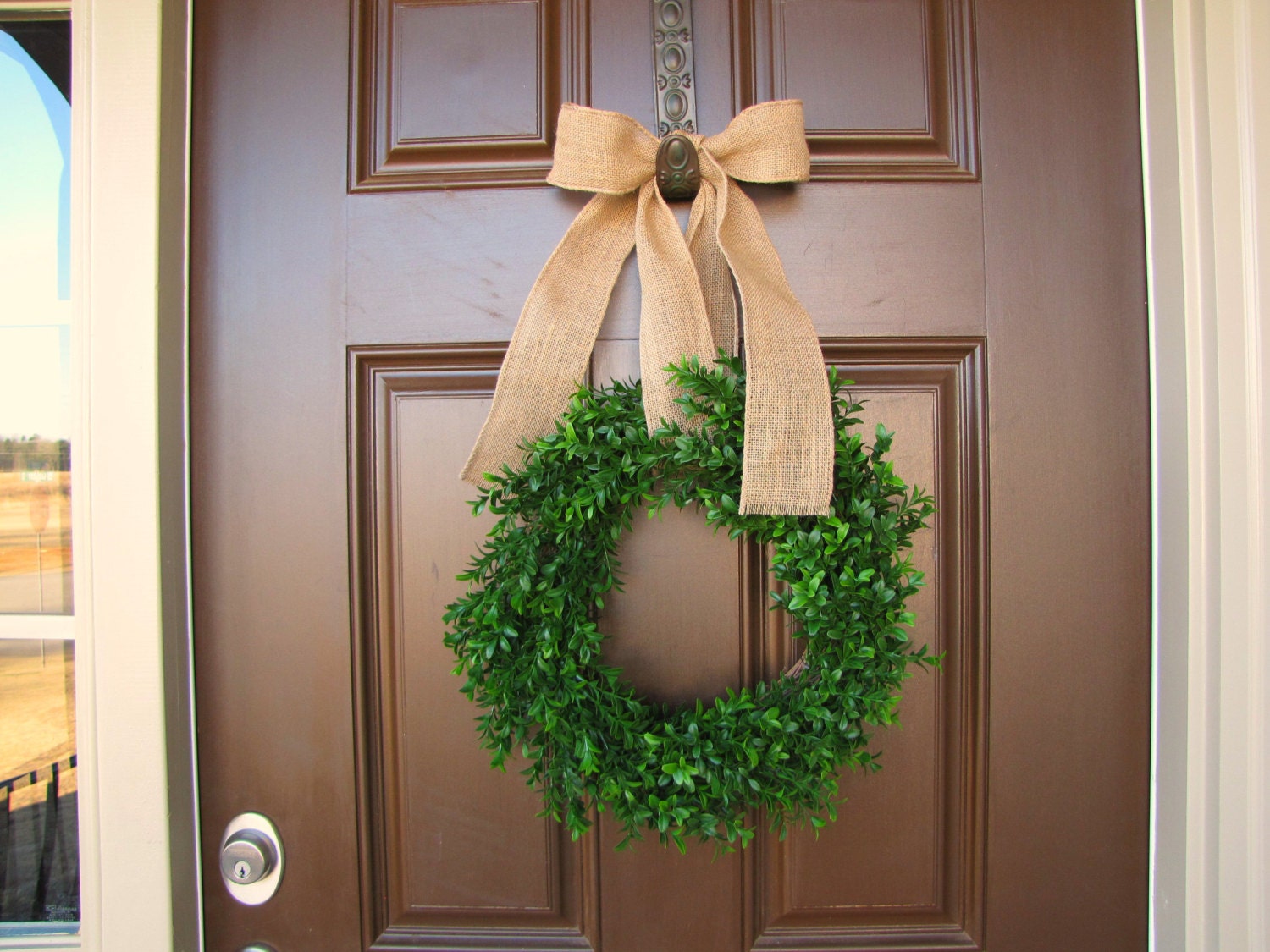 Year Round Boxwood Wreath with Burlap Bow, Spring Wreath, Summer Wreath