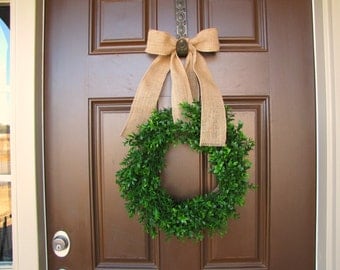 Year Round Boxwood Wreath with Burlap Bow, Spring Wreath, Summer Wreath