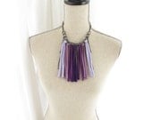 Fabric Fringe Multistrand Bib Necklace in Lilac & Purples on a Gunmetal Chain