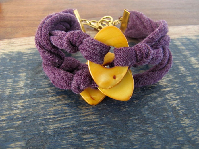 Plum Cotton Jersey and Mustard Stone Multistrand Braided Bracelet with Gold Accents