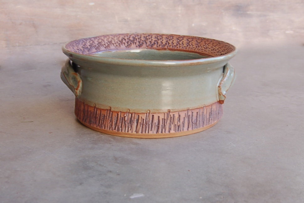 Stoneware Casserole Dish, 4 cup rustic ceramic pottery keramik kitchen housewares bakeware baking dining serving bowl in sage and brown