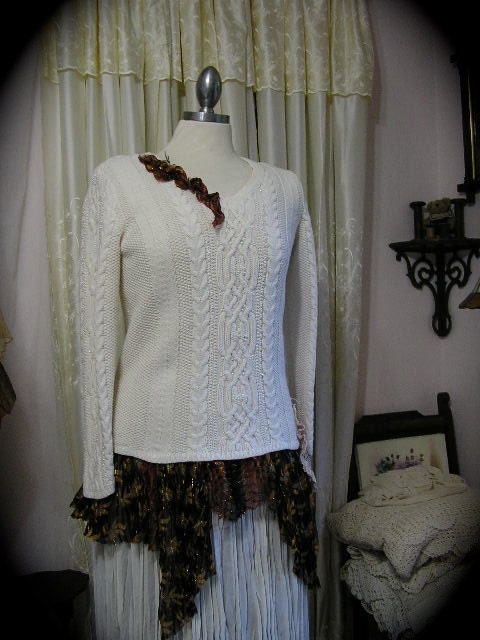 Shabby Boho Sweater, upcycled cottage couture, thick cotton knit altered clothing, MEDIUM