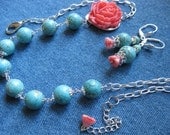 Turquoise, Coral Rose and Silver Necklace- Matching Earrings