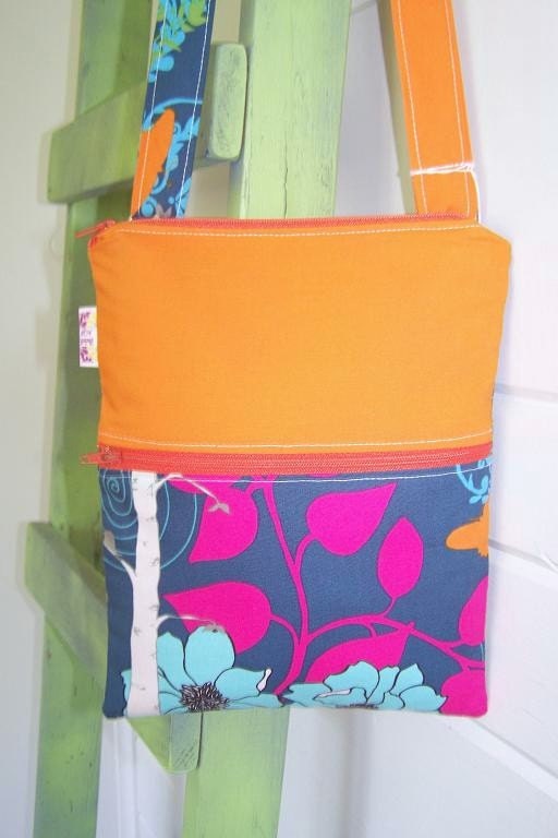 Small Sling Hip Crossbody Shoulder Messenger Bag -- Novella with Orange Pink Blue Turquoise - Adjustable Strap and Exterior Pocket