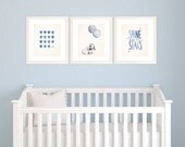 Baby Boy Nursery Set of 3 8x10 Prints, Navy Nursery Art, Watercolour Illustration of Hot Air Balloon, Bunny Rabbit