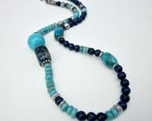 Beaded Gemstone Necklace - Turquoise and Dark Blue Lapis  - Western Southwestern - Stone Necklace - Rustic Jewelry