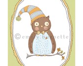 5x7 - Percival the Owl with Hat - Nature - Spring Green Lime Apple - Boy Girl Nursery Wall Art Print - Emily Burnette - Recipe 4 Cute