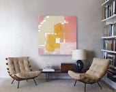 Large Abstract Acrylic Painting Original Fine Art 36"x36" by Linnea Heide - yellow ochre - beige - wheat - white pearl