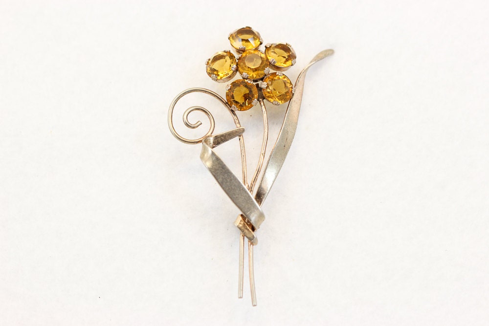 Sterling Silver Vintage Brooch with Yellow Rhinestones - Free US Shipping