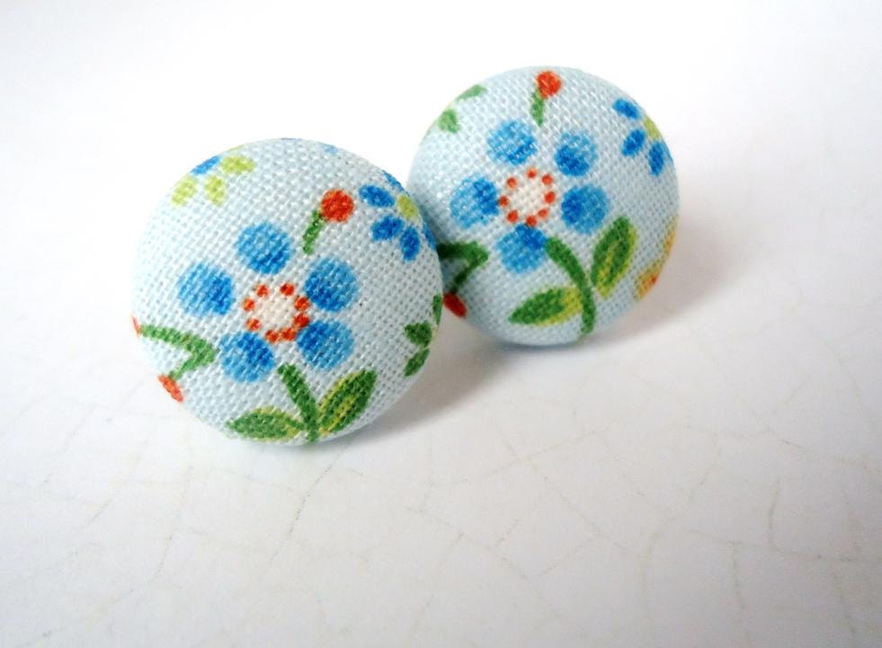 Little Blue Flower Earrings, Blue Earrings, Button Earrings, Floral Earrings