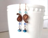Blue Dangle Earrings, Copper Earrings, Paisley Earrings, Asymmetrical Earrings, Blue Boho Earrings