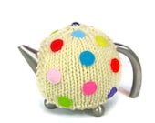 Knit tea cosy retro cream spotty tea cozy polka dot cosie knitted cream merino teapot warmer with multicolour felt spots