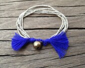 Mediterranean Blue Tassel 5 Strand Silver Beads Bracelet, Bell Charm, Casual Dainty Bracelet, Delicate Jewelry, Boho Jewelry, Summer Fashion