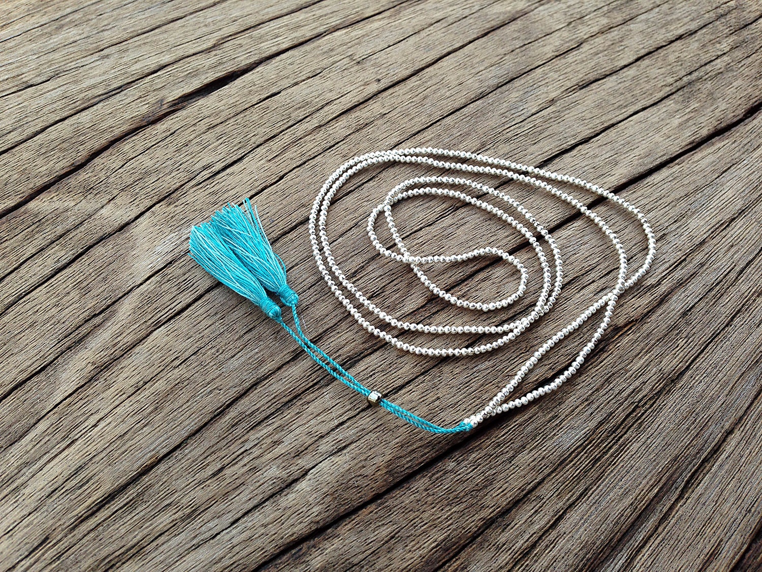 Long Silver Beaded Necklace, Turquoise Blue Tassel, Casual Dainty Necklace, Delicate Jewelry, Boho Jewelry, Spring Summer Fashion