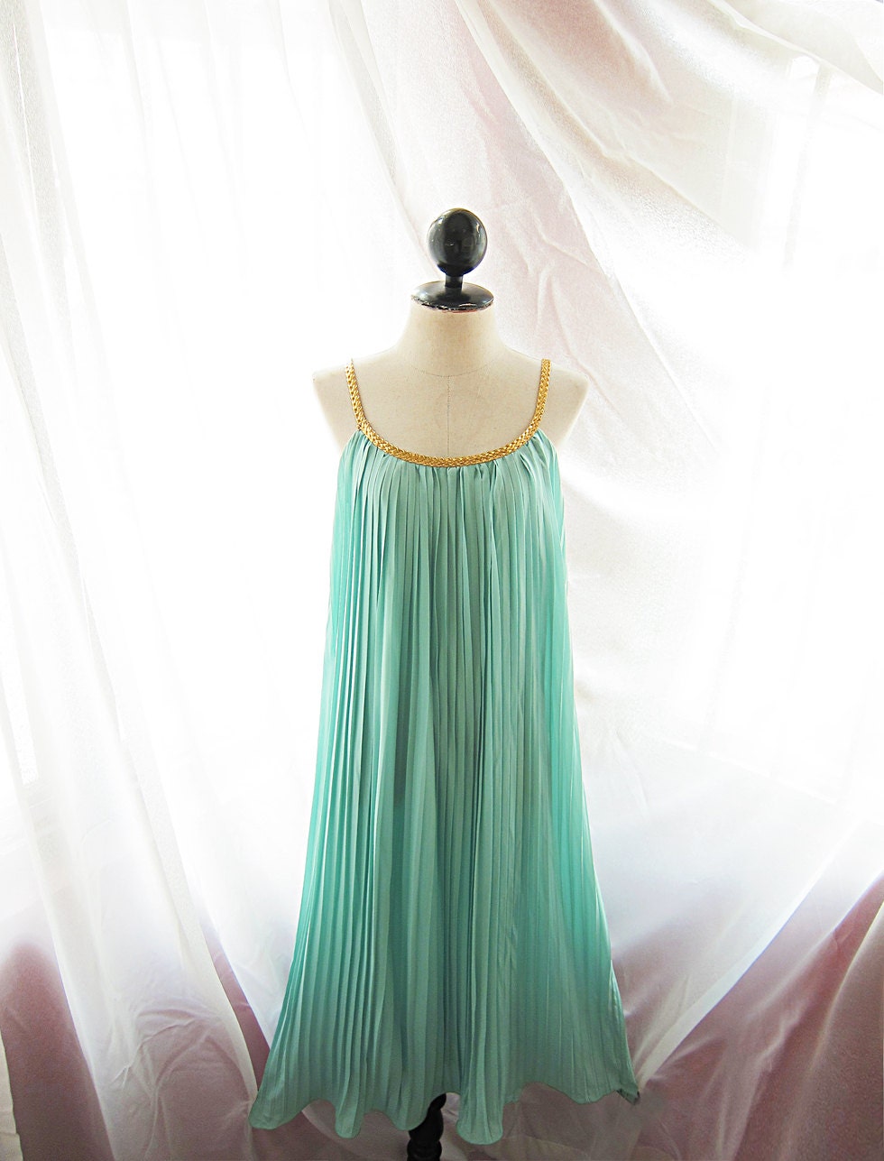 Mermaid Tears Seafoam Blue Minty Green Breakfast at Tiffanys Grecian Gold Braided Rope Egyptian Bohemian Cleopatra Long Maxi Pleated Dress