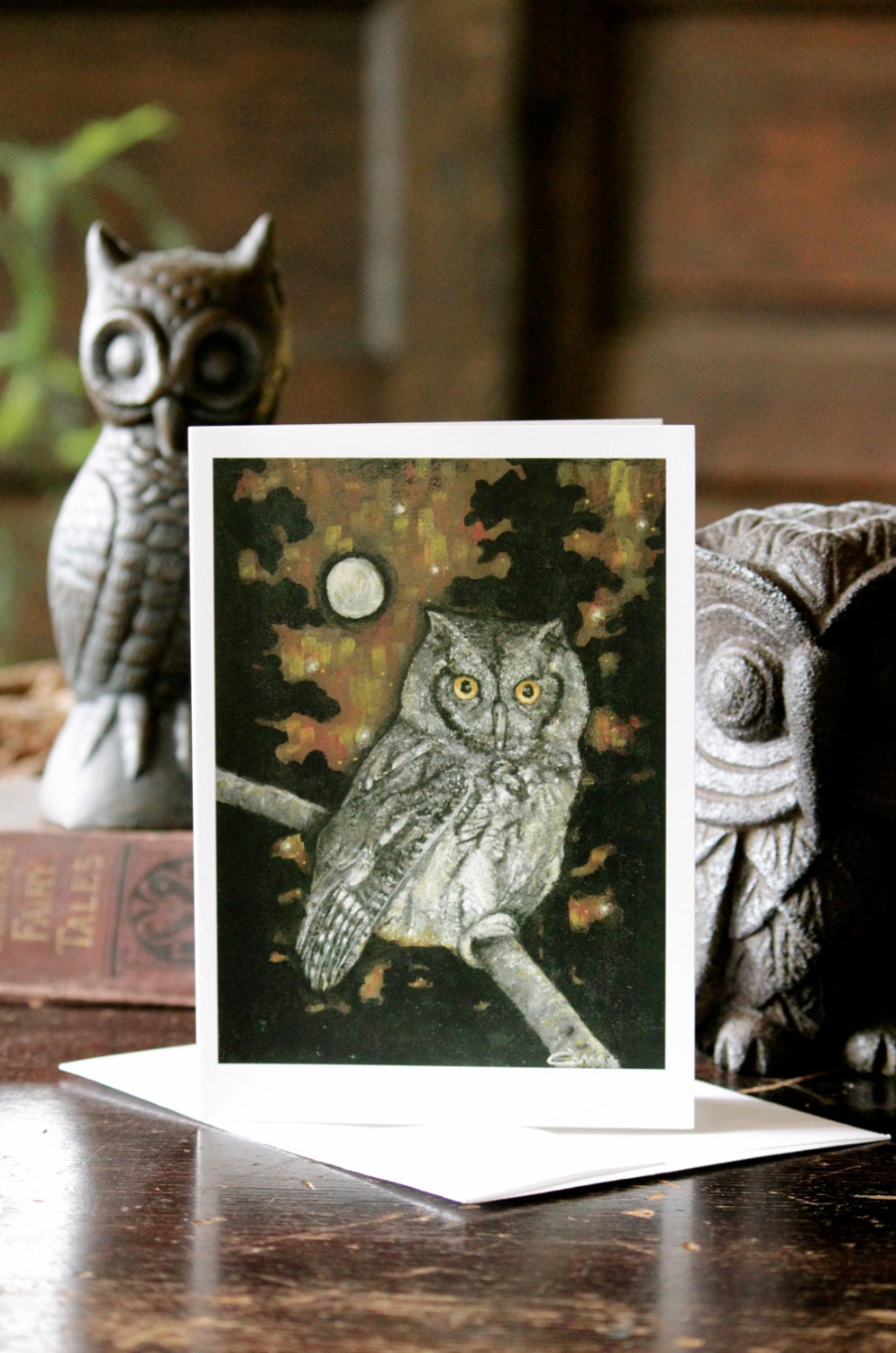 Owl Card 5 x 7 Western Screech Bird Watch Forest Night Owls Nest Raptor Full Moon Biophilia