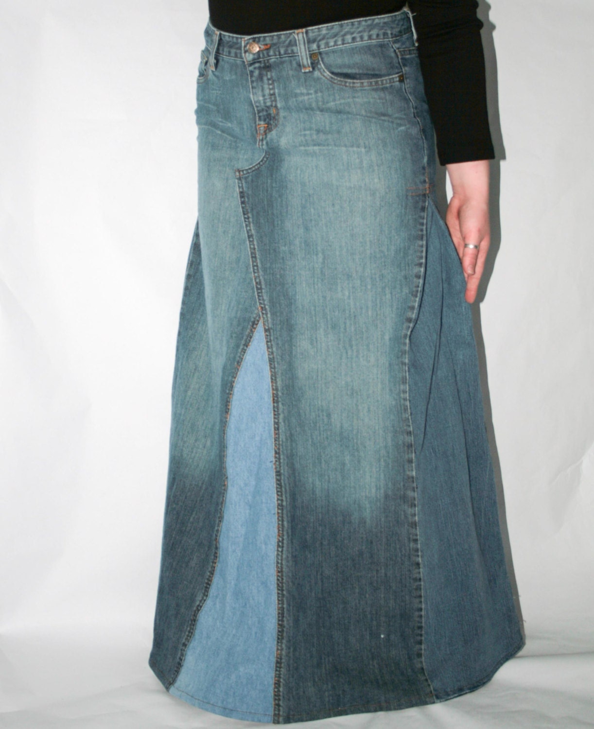 35" Waist Size Large - Maxi Reconstructed Denim Skirt - Full Faded Flair - Made from Upcycled Jeans OOAK