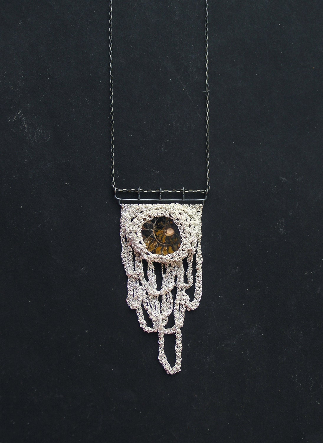 ammonite fossil and stalactites silver crochet necklace