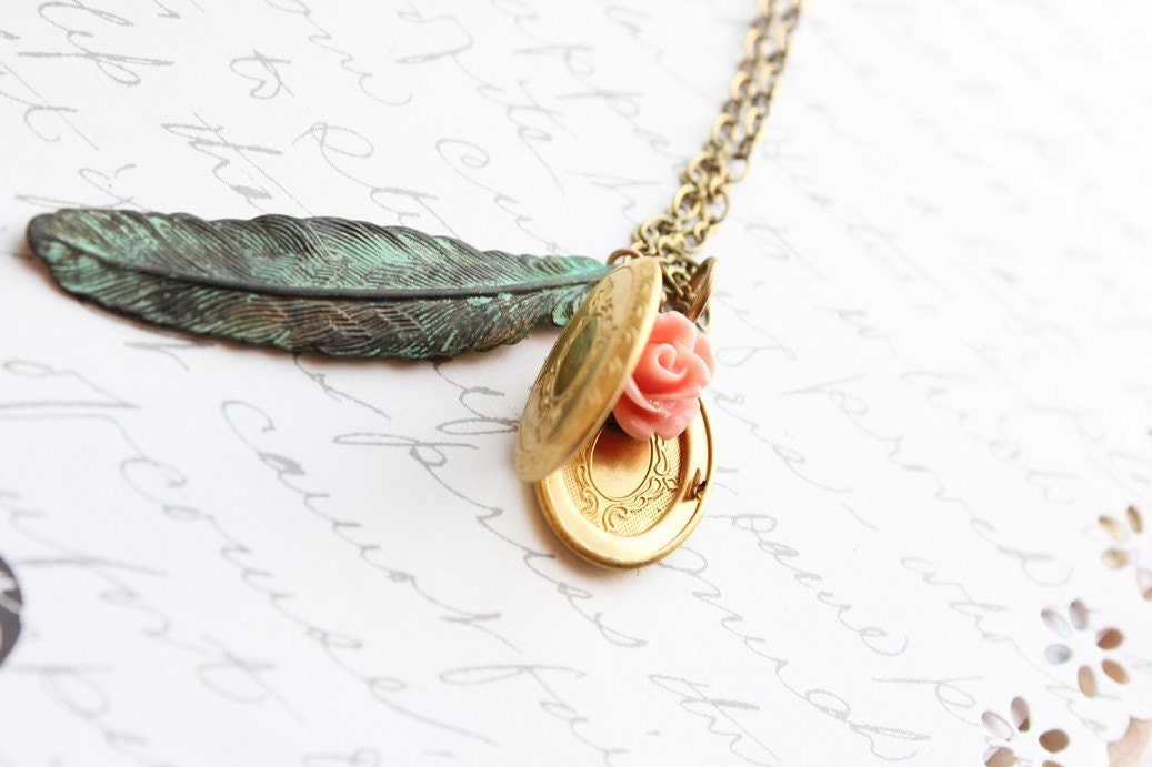 Locket Necklace Feather Pendant Green Verdigris Patina Pink Coral Rose Charm Gold Brass Etched Photo Locket Long Necklace Woodland Rustic