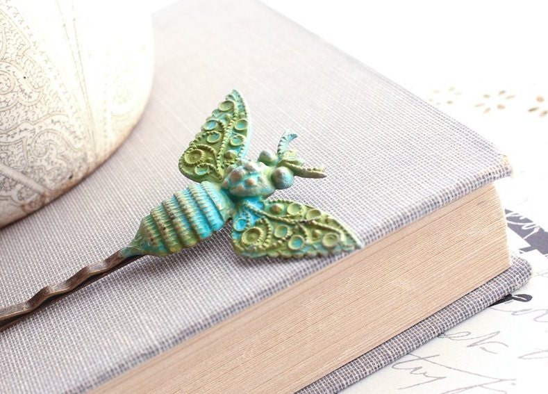 Bee Bobby Pin Vintage Patina Victorian Bee Insect Filigree Wings Verdigris Teal Turquoise Blue Green Nature Hair Accessories Modern Woodland