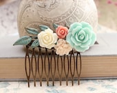 Flower Hair Comb Wedding Bridal Hair Accessories Floral Collage Cream Rose Peach Mint Patina Leaf Leaves Pink Daisy Brass
