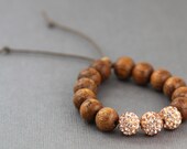 Shambala Bracelet : Adjustable Beaded Bracelet with Champagne Pave Beads and Bayong Wood Beads, Brown Cotton Cord, Rose Gold