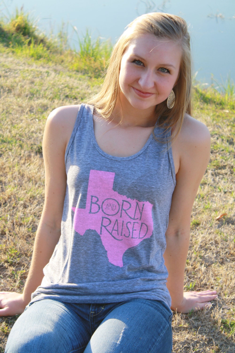LARGE Pink Born & Raised Texas Tank, Native Texan, Bubblegum Pink on Grey American Apparel Women's Tank Top