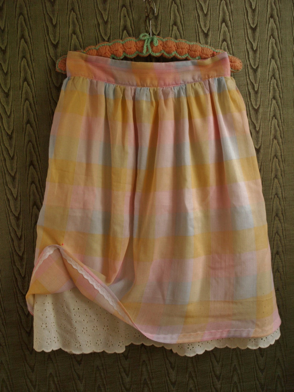 Knee length gathered skirt with eyelet lace petticoat and hip pockets- Pastel plaid madras cotton