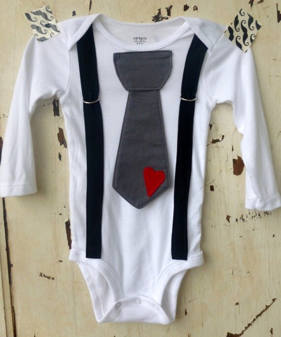 Baby Boy Onesie with Tie and Suspenders - Photo Prop - Infant Onesie - Valentines Shirt