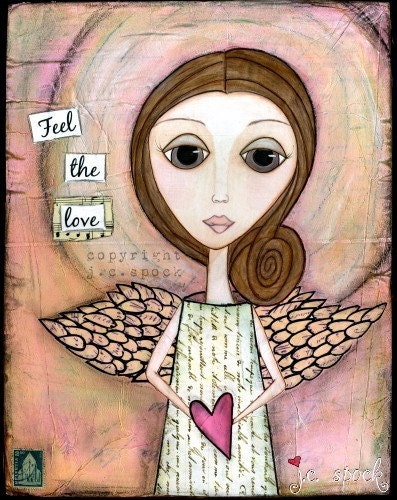 Mixed Media Art: Loving Angel 8x10 print - Whimsical Art, Folk Art, Inspirational Art, Wall Art, Angel Art - Pink, peach