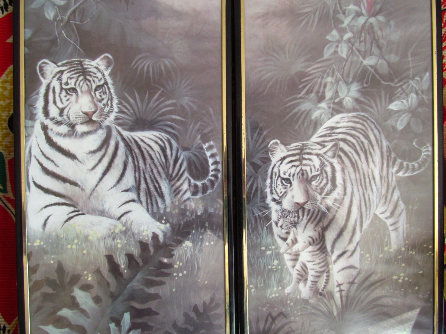 Pair of 2 vintage 70's black gold plastic white tiger jungle print wall hanging frames MCM by T C Chiu