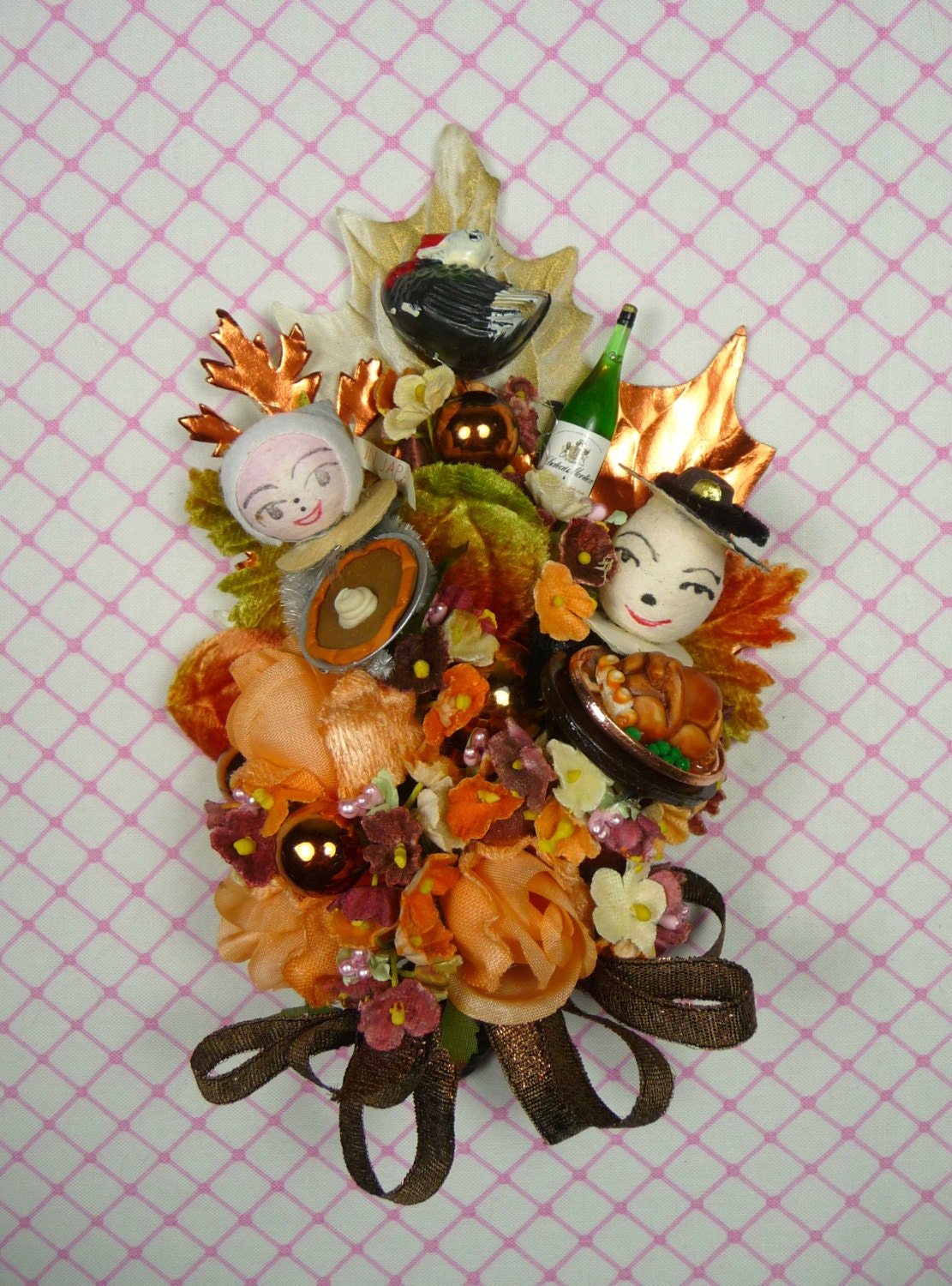 Thanksgiving Corsage Vintage Turkey Spun Cotton Pilgrims Copper Fall Colors Decoration