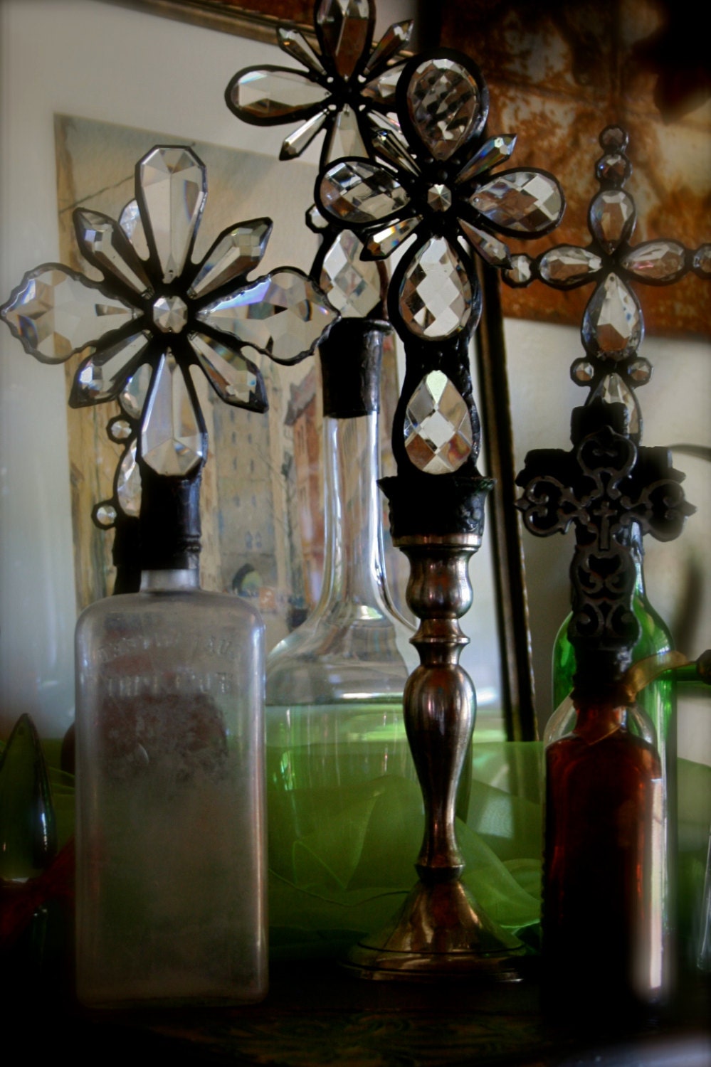 Old World Vintage Chandelier Crystal Cross Bottle Bohemian Home Decor