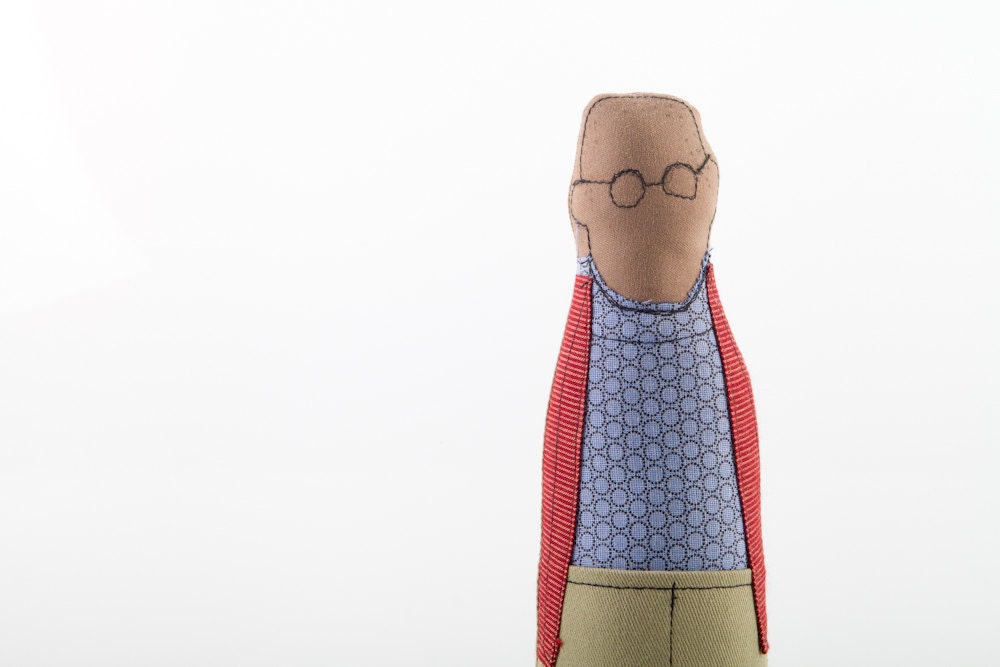 hipster, cool man , urban dad wearing glasses and Aqua Blue geometric shirt ,oxblood jacket and khaki pants - timohandmad cloth doll