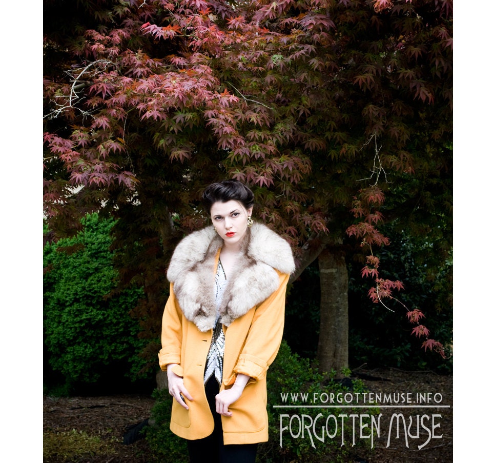 80s - golden yellow woolen blend coat with double breasted front - size M