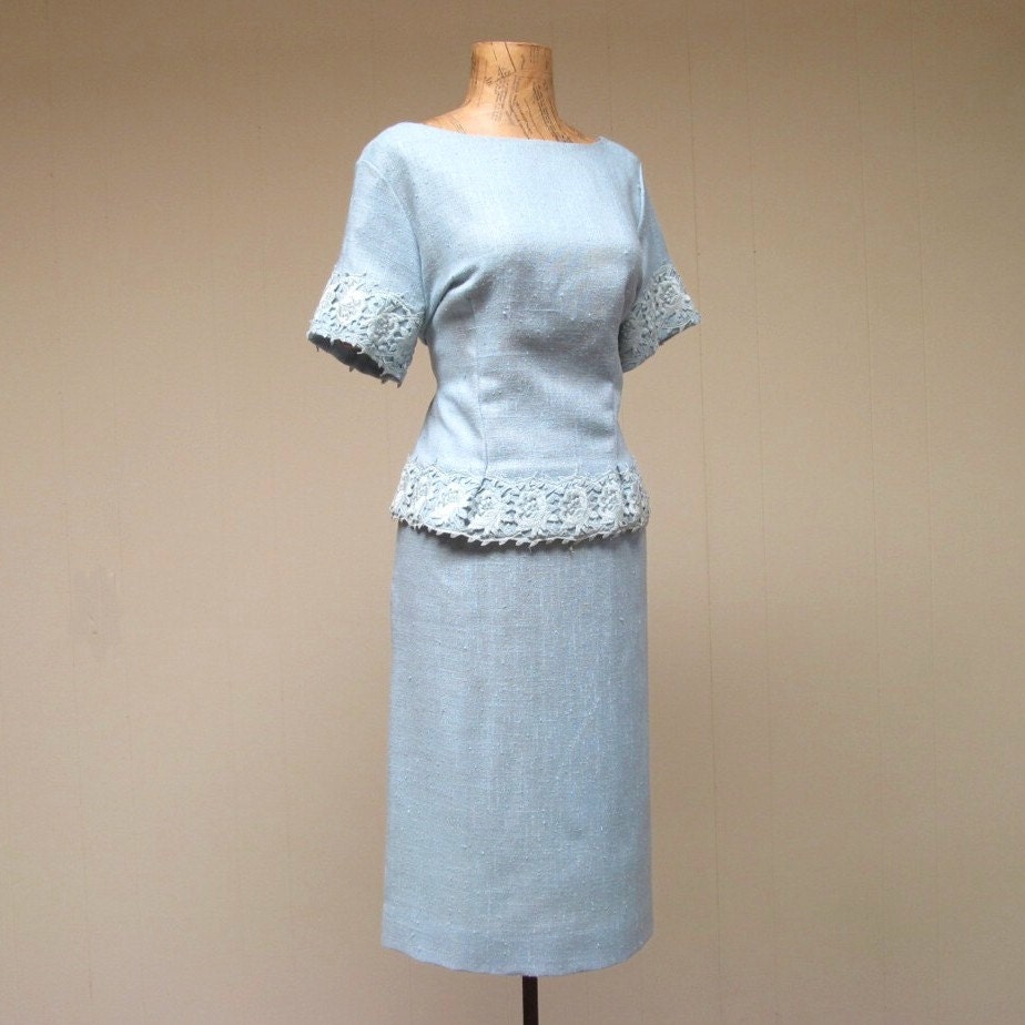 Vintage 1960s Ladies Suit / 60s Blue Linen Top Skirt Ensemble / Deadstock / Medium
