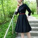 60s style black cotton shirtwaist dress with houndtooth buttons, size 16