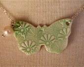 Flutterby Butterfly Necklace - Green, Ceramic, Freshwater Pearl & Swarovski Crystal